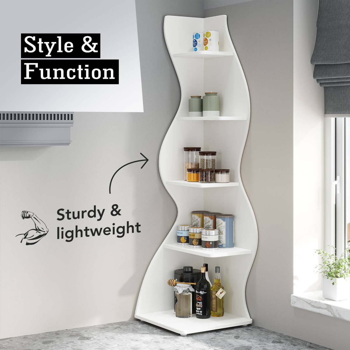 Corner Shelf, Modern 5-Tier Wall Corner Bookshelf Bookcase - Image 6
