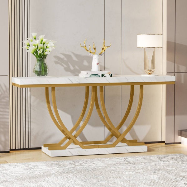 Console Table, 59 Inch Faux Marble Entryway Sofa Table Behind The Couch