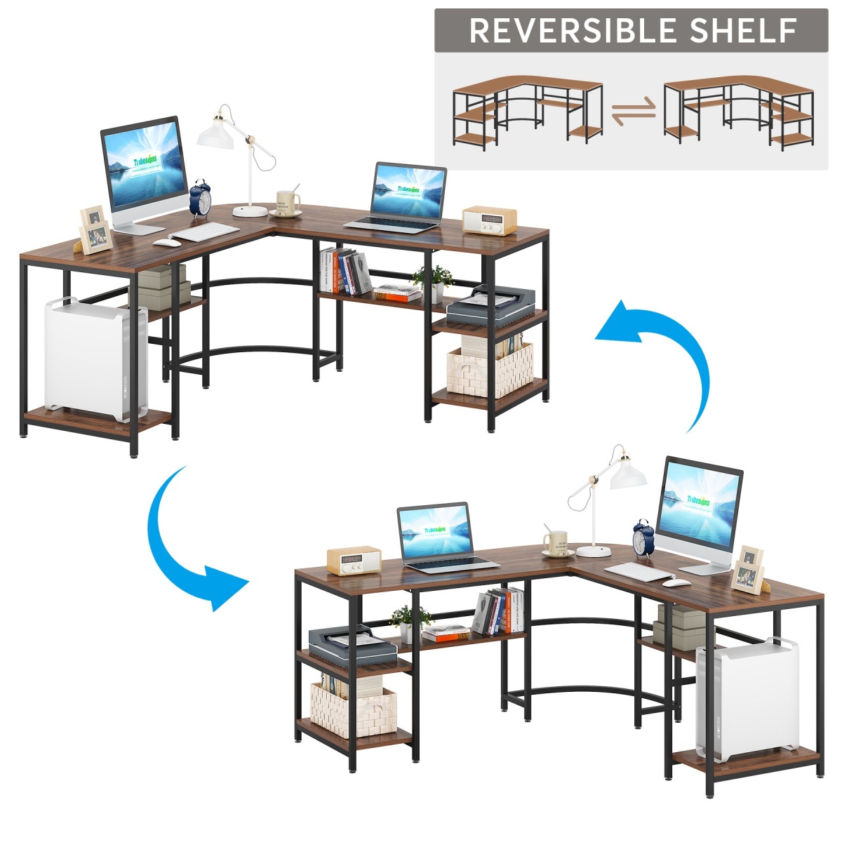 L-Shaped Desk, 59? Reversible Corner Computer Desk with Storage Shelves - Image 7