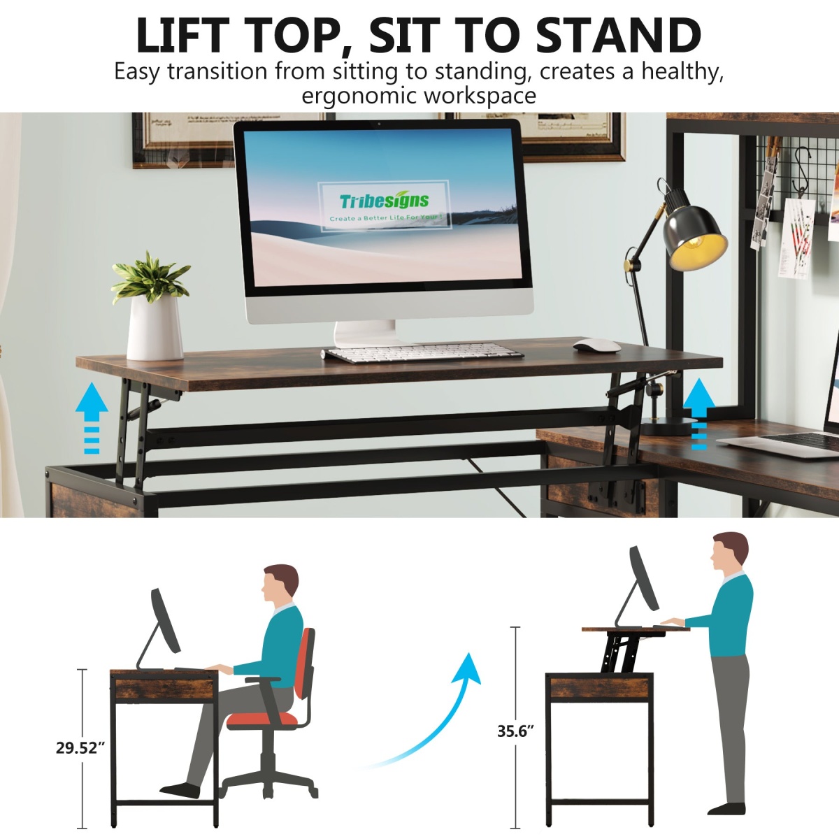 Lift Top L-Shaped Desk, Corner Height Adjustable Desk with Hutch - Image 7
