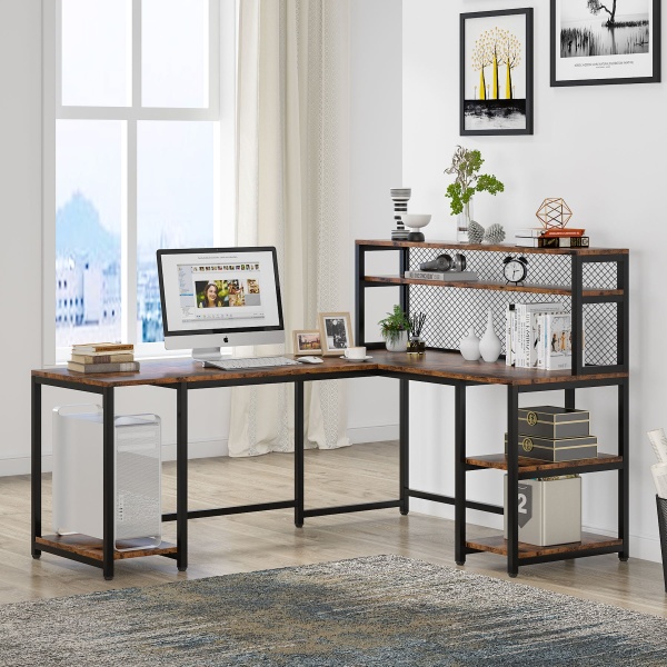 L-Shaped Desk, 67? Reversible Large Computer Writing Desk with Hutch