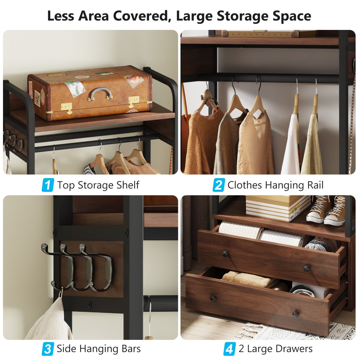 Freestanding Closet Organizer, Coat Rack with Drawers and Shelves - Image 7