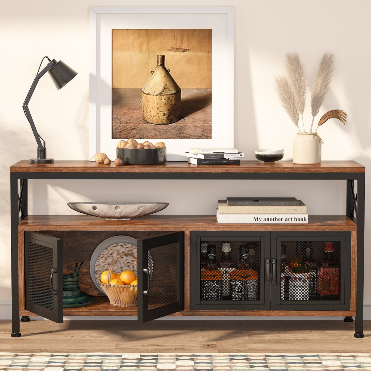 Sideboard Buffet Table Bar Cabinet with 4 Mesh Doors - Image 4