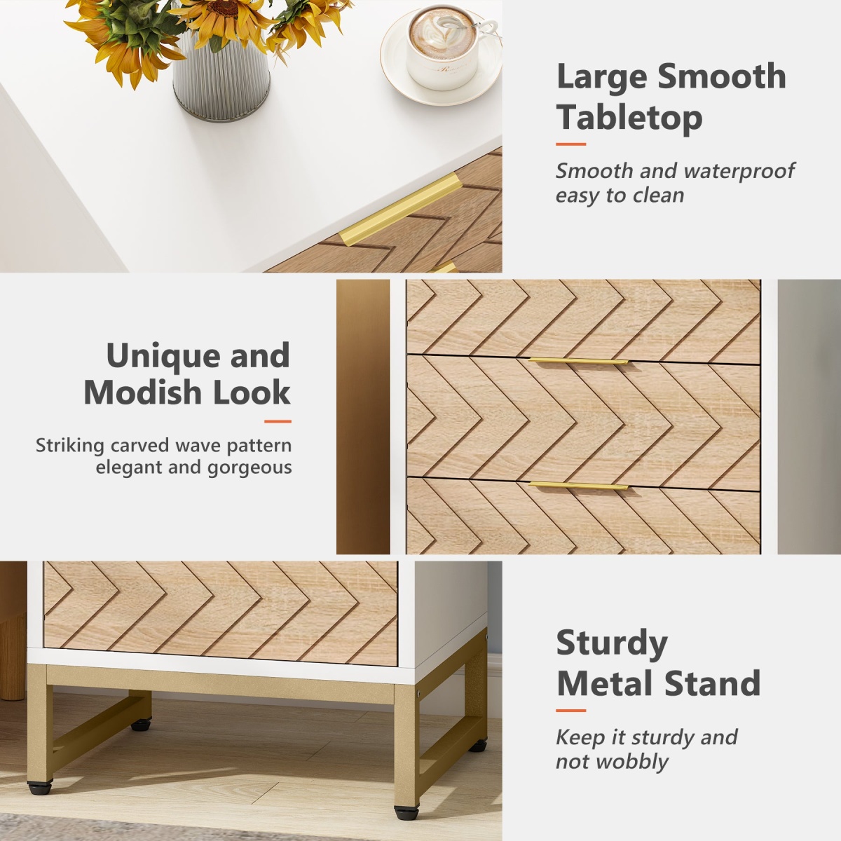 Nigntstand, Modern Bedside Table with 3 Drawers - Image 6