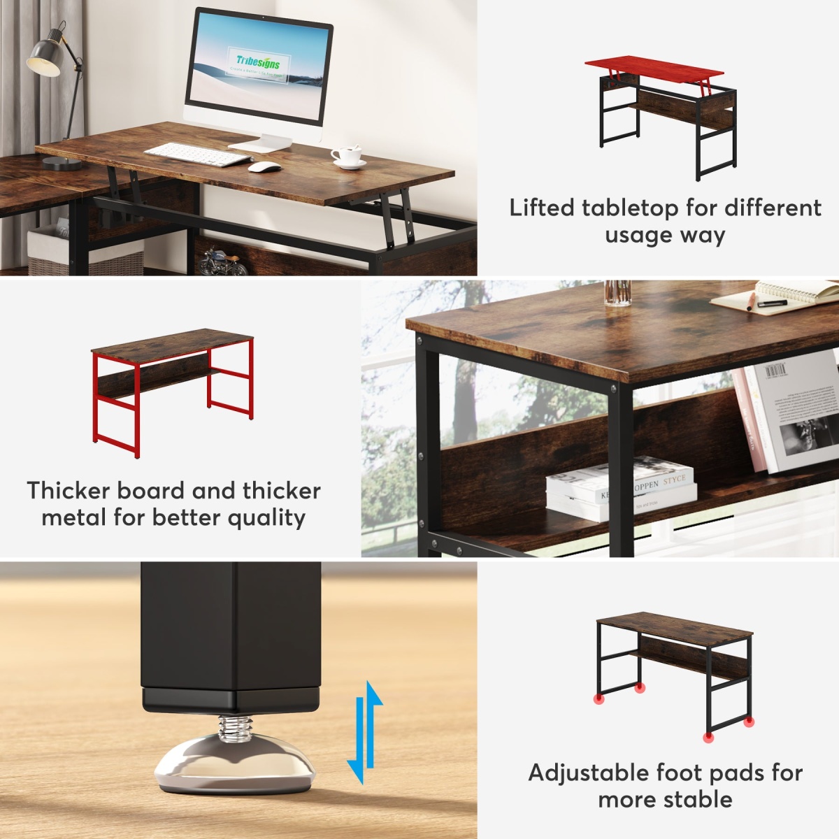 Lift Top L-Shaped Desk, Corner Computer Desk with Storage Shelves - Image 8