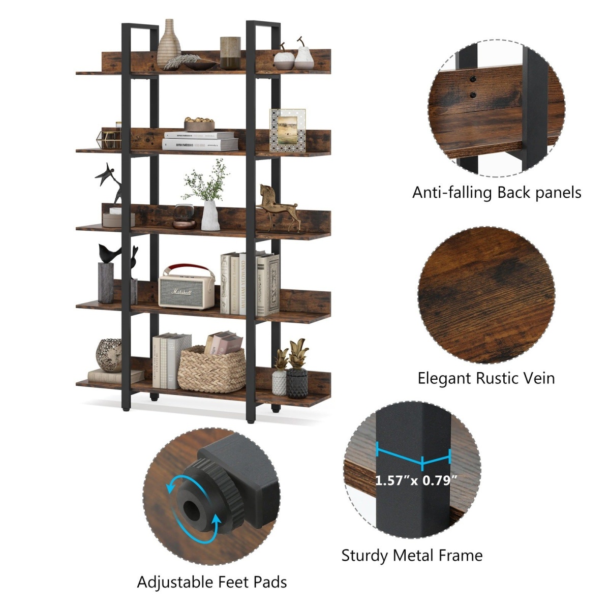 5-Tier Bookshelf, Industrial 5-Shelf Etagere Bookcase - Image 7