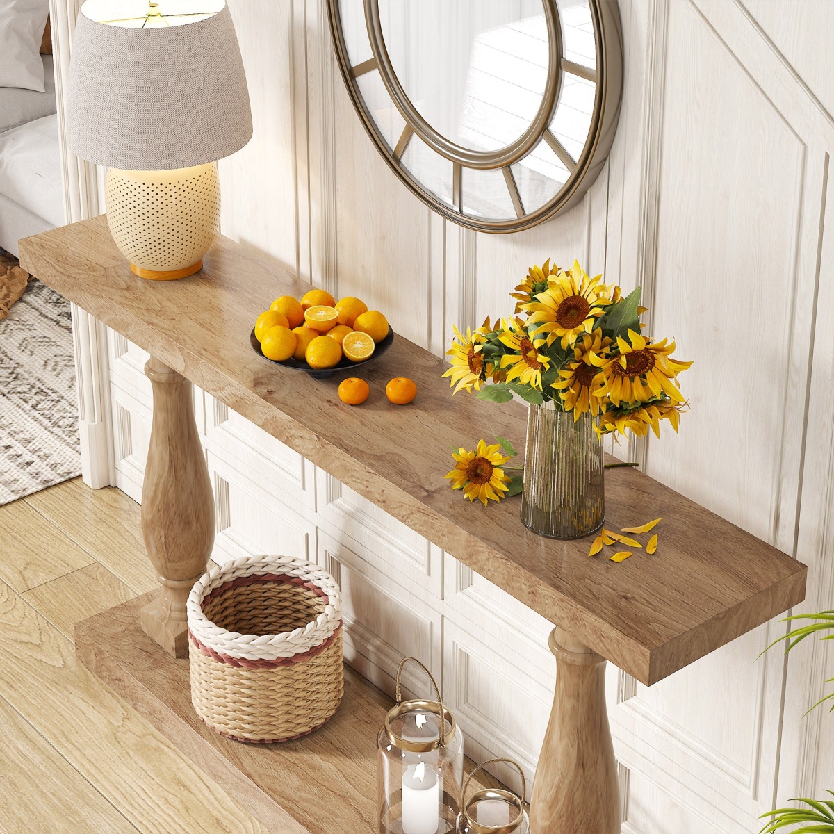 Console Table, 63? Solid Wood Entryway Table with Floor Shelf - Image 6