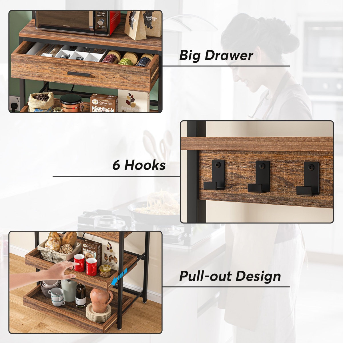 5-Tier Kitchen Baker?s Rack with Power Outlets, Drawer & Sliding Shelves - Image 8