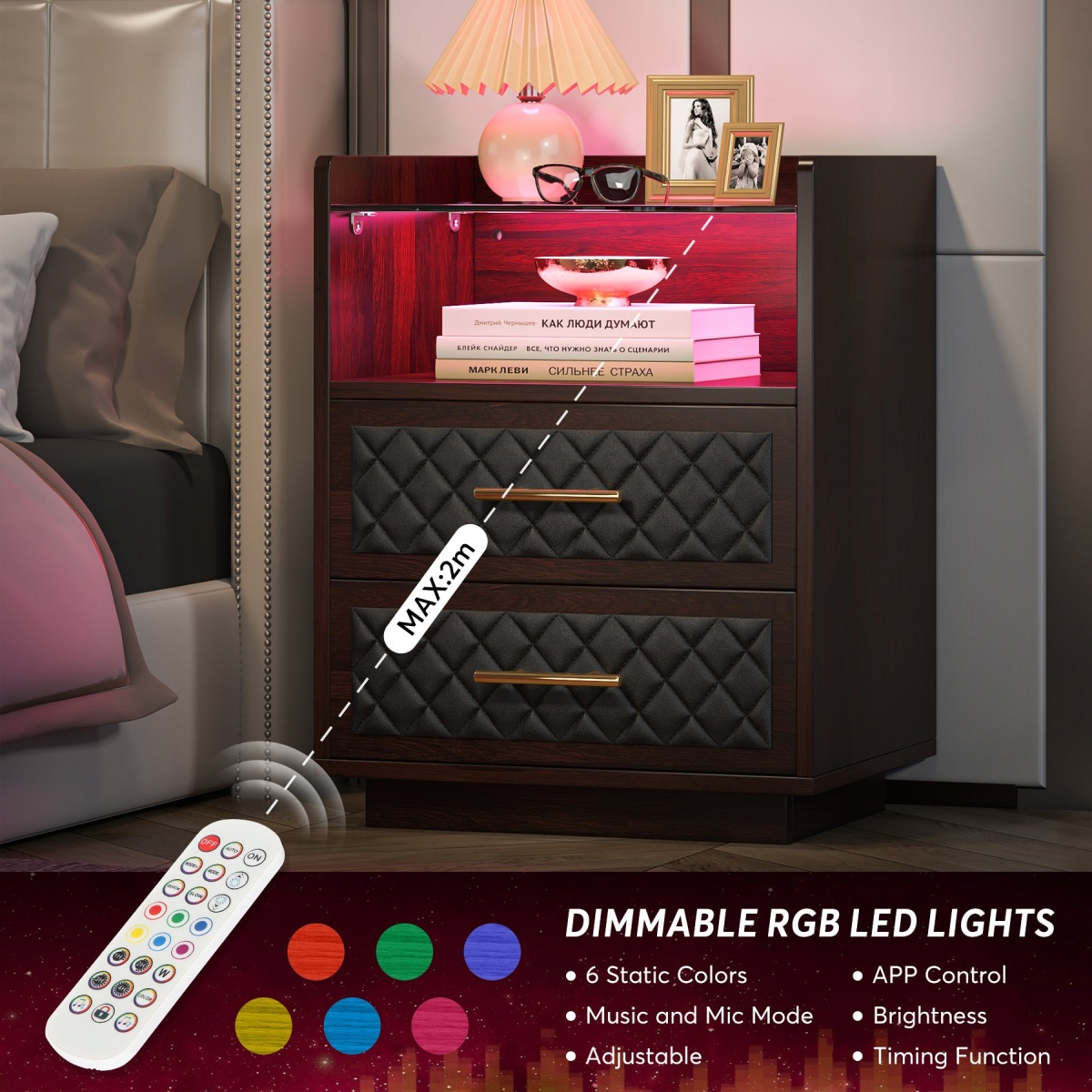 Nightstand, 2 Drawers Beside Table with LED Lights and Shelves - Image 6