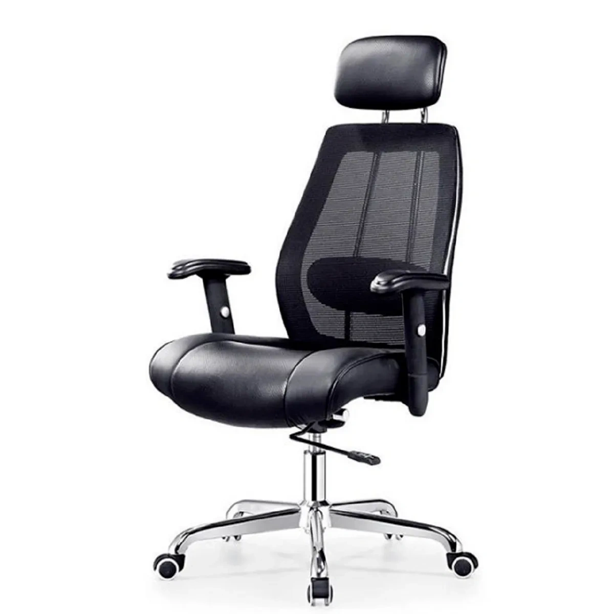 Ergonomic Home Office Desk Chair, High Back Mesh Computer Task Chair with Adjustable Headrest, Leather Seat, Armrest and Lumbar Support, Black - Image 1