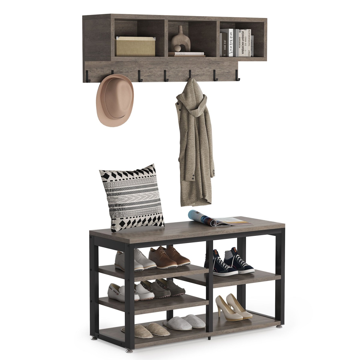 Coat Rack Shoe Bench Set, Hall Tree with Wall Mounted Shelf - Image 11