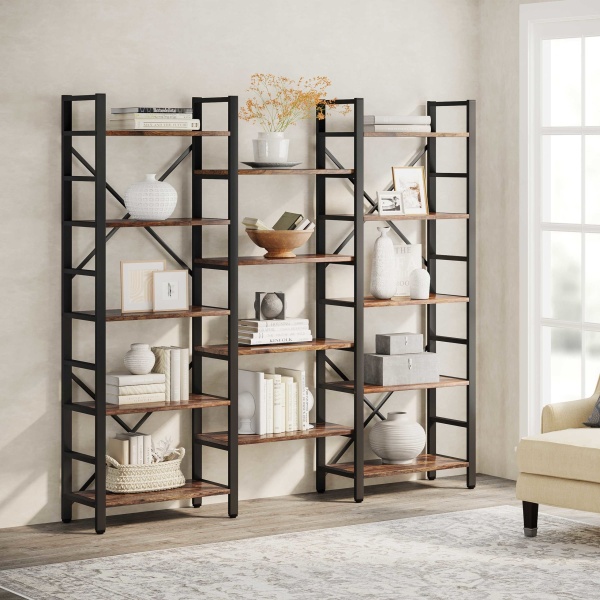 Bookshelf, Industrial Triple Wide 14 Shelves Etagere Bookcase