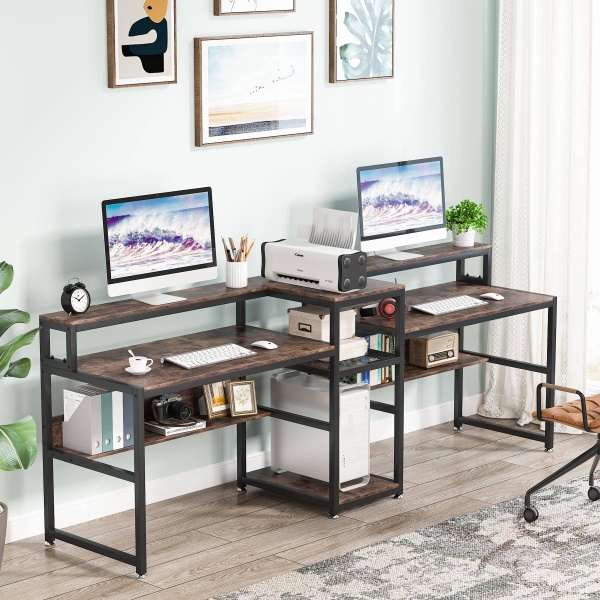 Two Person Desk, 94.5? Computer Desk with Monitor Riser