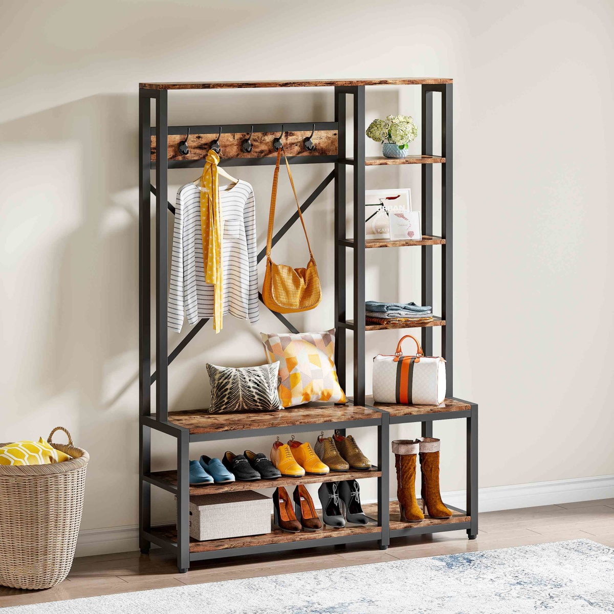 Coat Rack Shoe Bench, 4-in-1 Entryway Hall Tree with Shelves - Image 1