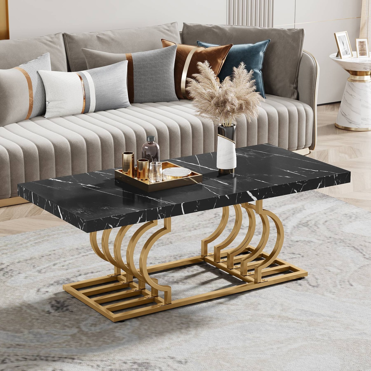 Coffee Table, 47? Faux Marble Cocktail Table with Geometric Frame - Image 9