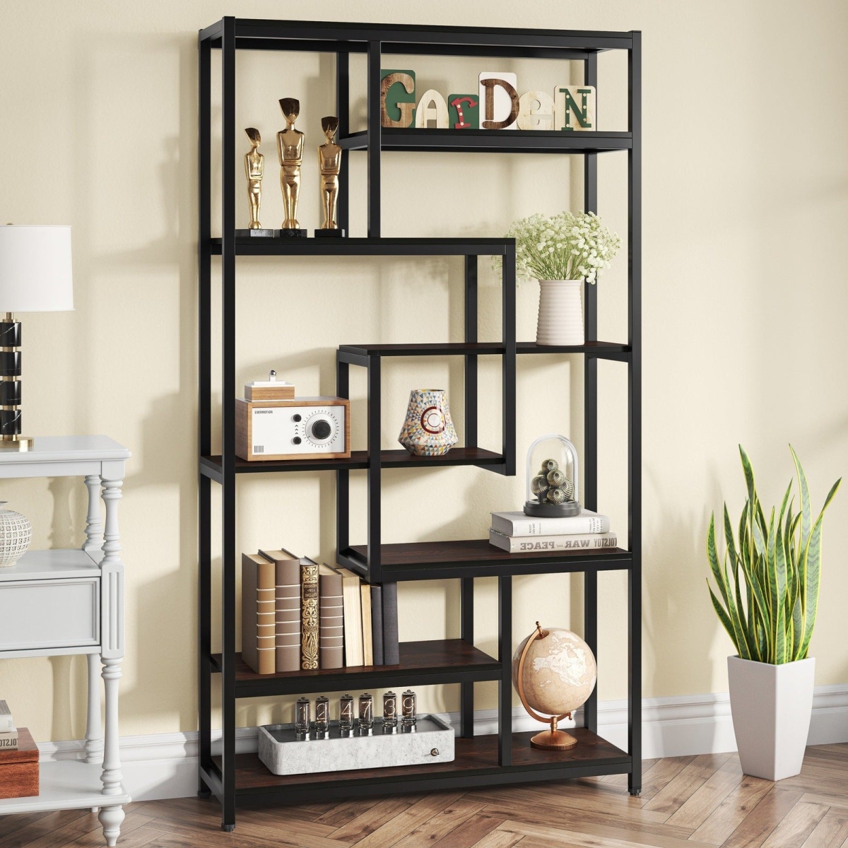 8-Shelves Staggered Bookshelf, Industrial Etagere Bookcase - Image 4