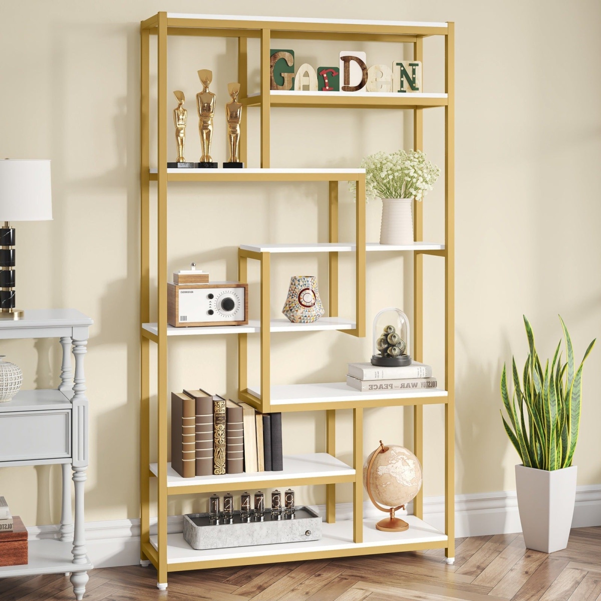 8-Shelves Staggered Bookshelf, Industrial Etagere Bookcase - Image 8