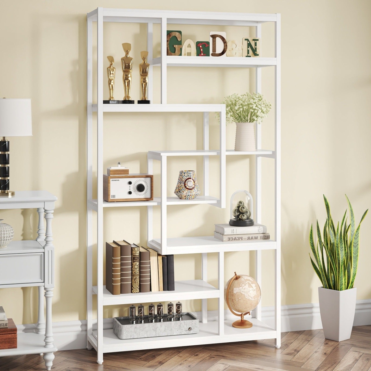 8-Shelves Staggered Bookshelf, Industrial Etagere Bookcase - Image 10