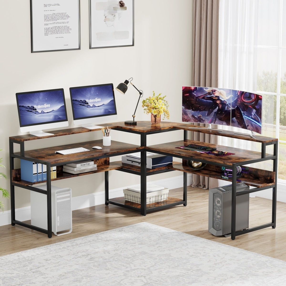 L-Shaped Desk, Corner Computer Desk with Monitor Riser - Image 1