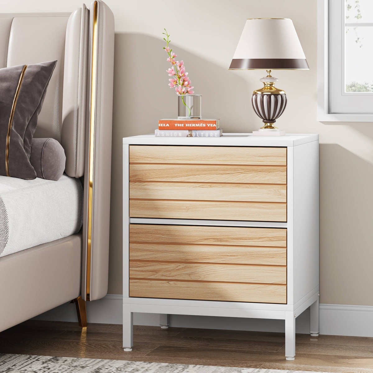 Nightstand, Wood End Table Bedside Table with 2-Drawer - Image 1