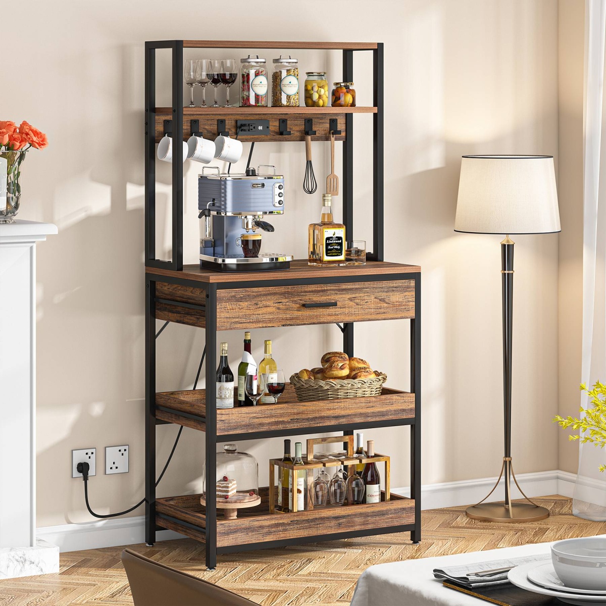 5-Tier Kitchen Baker?s Rack with Power Outlets, Drawer & Sliding Shelves - Image 4