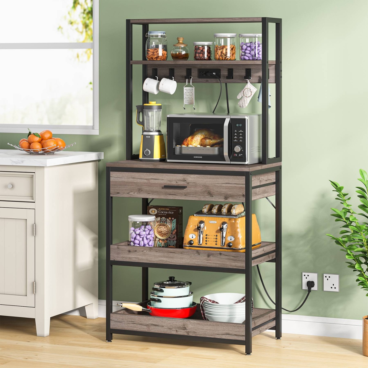5-Tier Kitchen Baker?s Rack with Power Outlets, Drawer & Sliding Shelves - Image 9