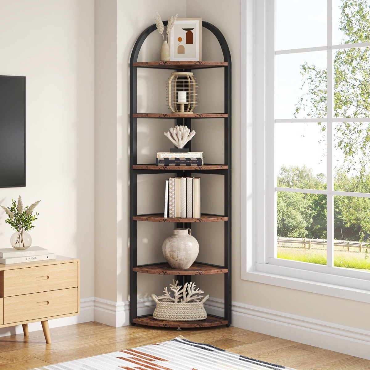 6 Tier Corner Shelf, 71 inch Tall Corner Bookshelf for Small Space - Image 1