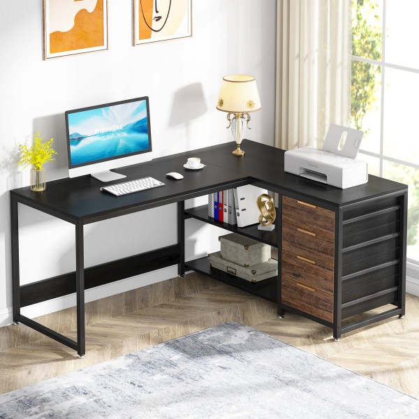 L-Shaped Desk, 59? Reversible Corner Desk with Drawers & Shelves