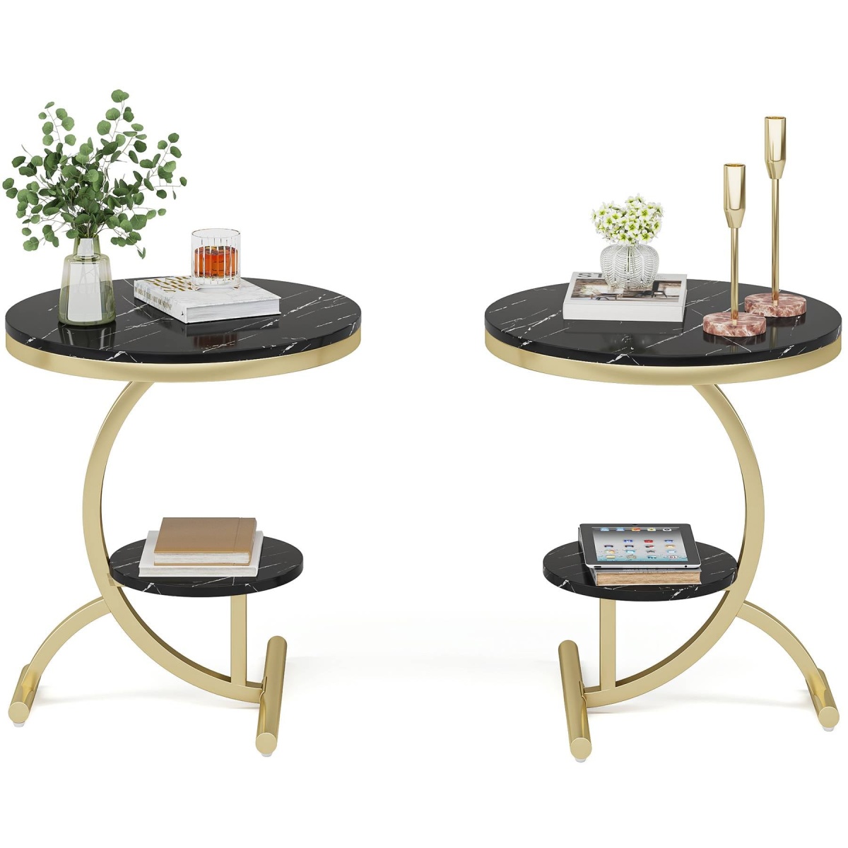 End Table, 2-Tier Round Faux Marble Sofa Side Table - Image 10