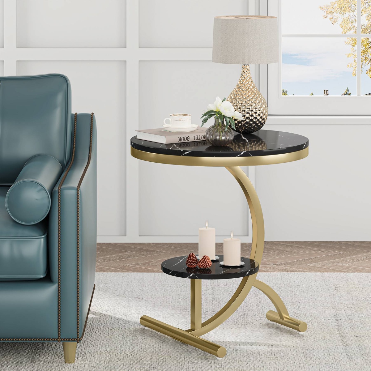 End Table, 2-Tier Round Faux Marble Sofa Side Table - Image 8