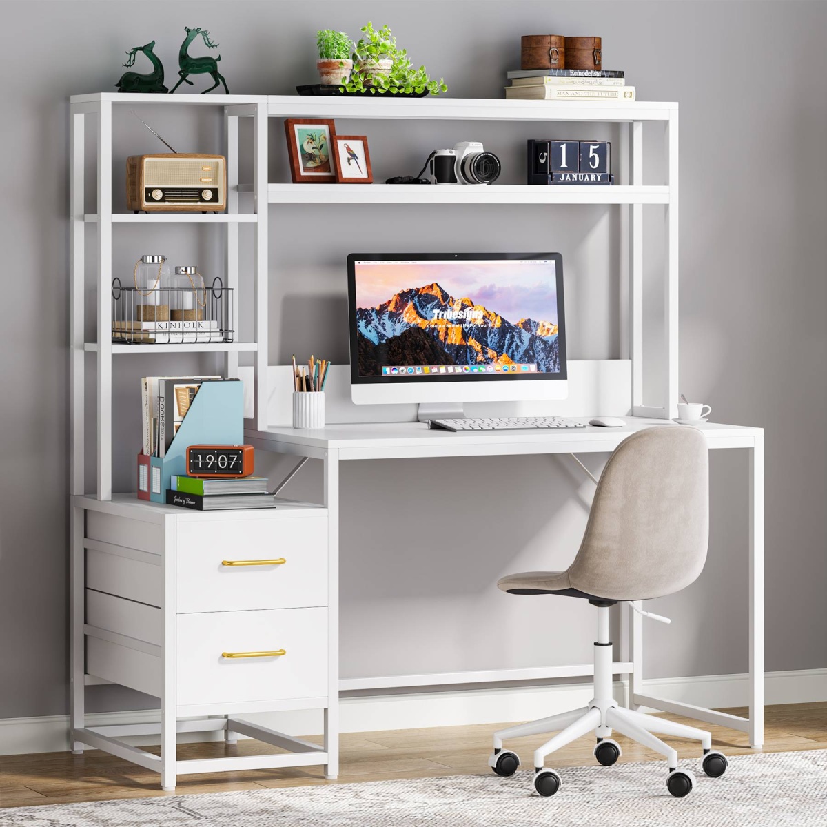 Computer Desk, 55? Writing Table with 2 Drawers and Storage Shelves - Image 9