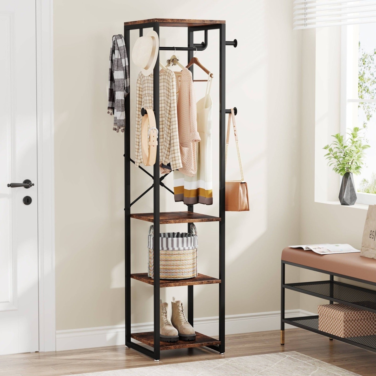 Coat Rack, Freestanding Corner Hall Tree with 4 Shelves 8 Hooks - Image 1