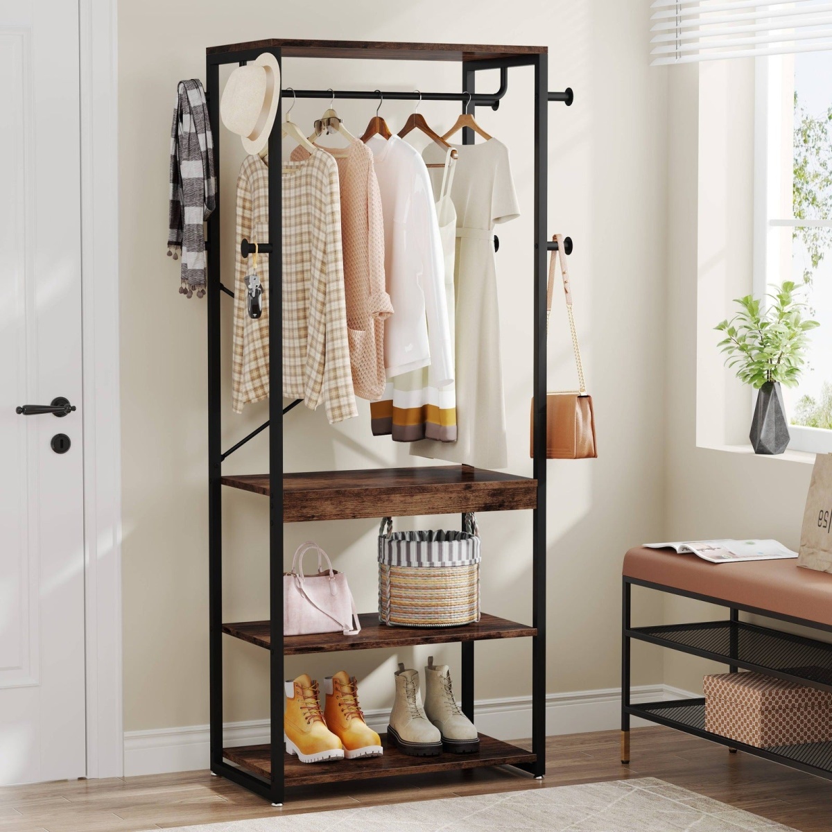 Coat Rack, Freestanding Corner Hall Tree with 4 Shelves 8 Hooks - Image 10