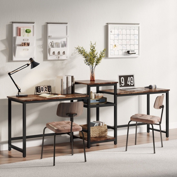 Two Person Desk, 96.9? Double Computer Desk with Storage Shelves