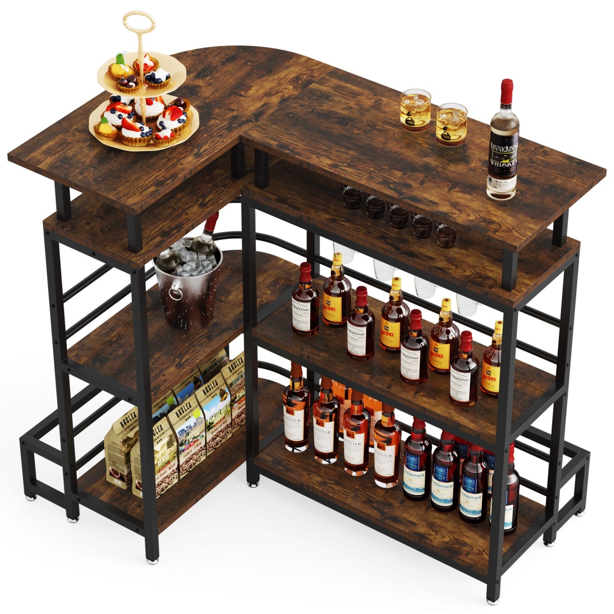 Bar Unit, L-Shaped Liquor Bar Table with 4 Tier Shelves & 4 Glass Holders - Image 1