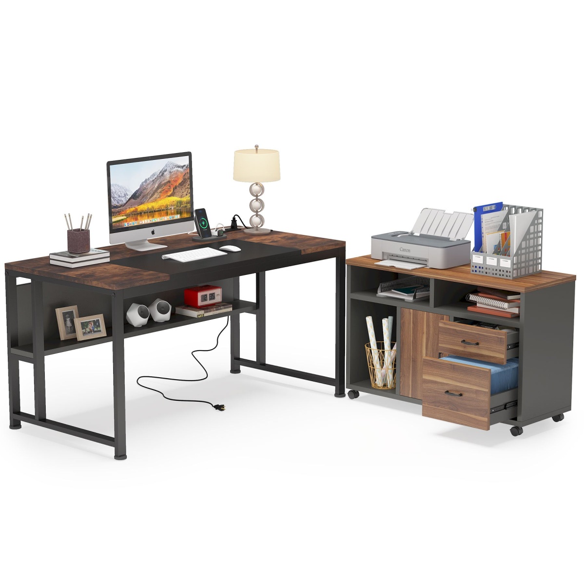 L-Shaped Desk, 55? Executive Computer Desk with File Cabinet & Power Outlet - Image 1