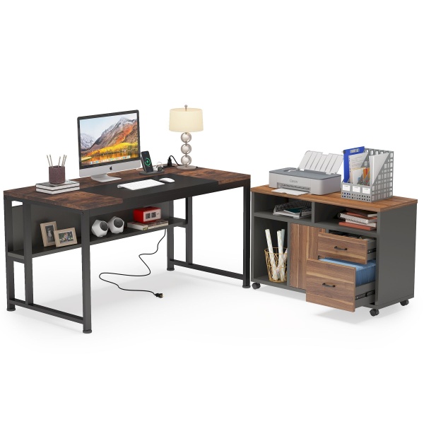 L-Shaped Desk, 55? Executive Computer Desk with File Cabinet & Power Outlet