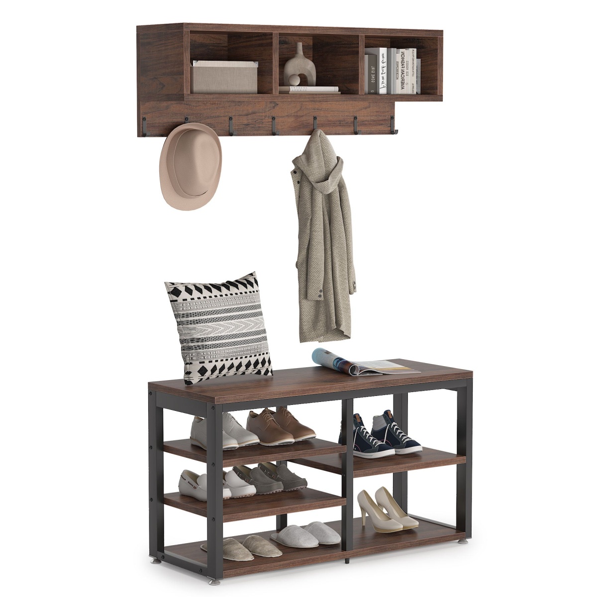 Coat Rack Shoe Bench Set, Hall Tree with Wall Mounted Shelf - Image 1
