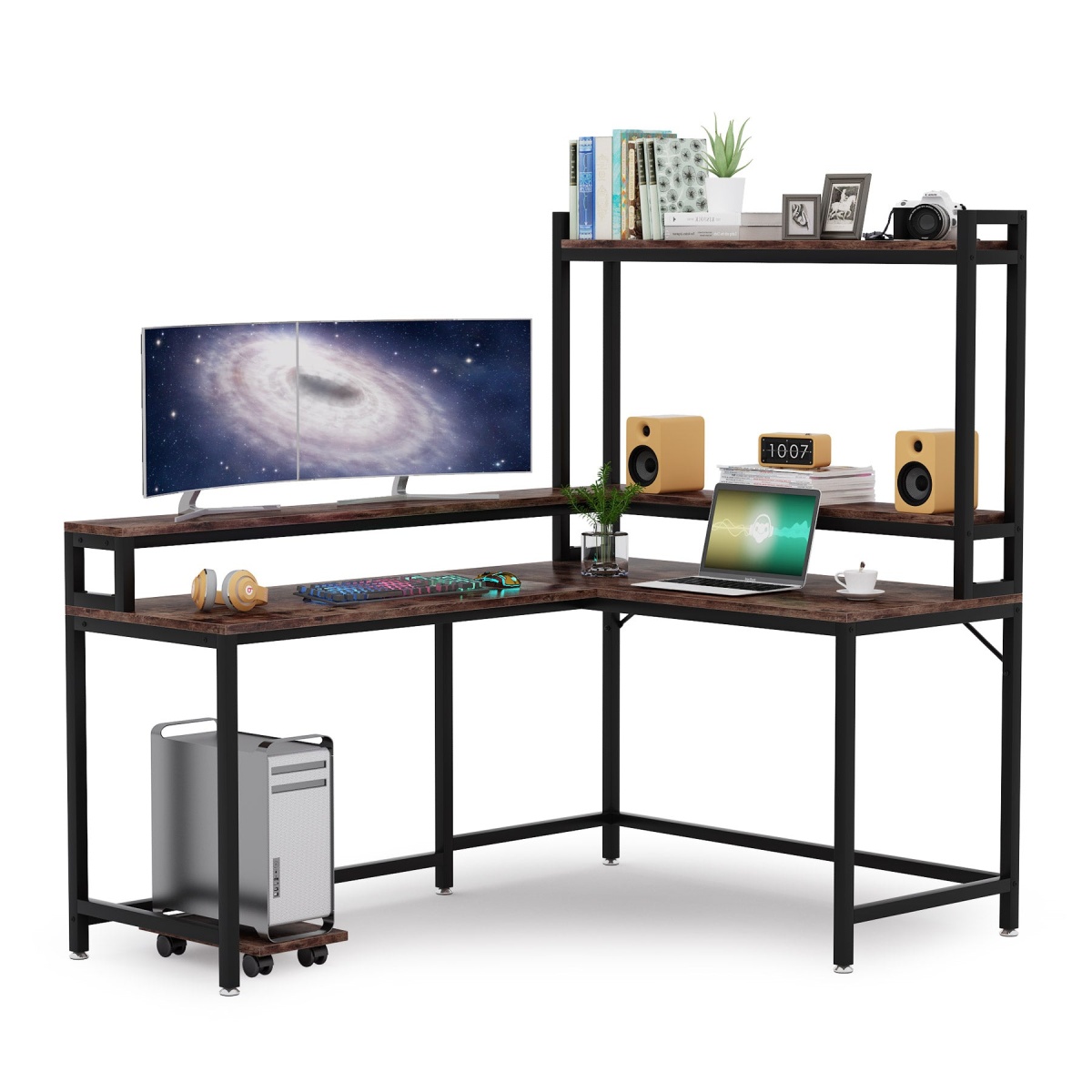 L-Shaped Desk, Corner Computer Desk with Hutch and Monitor Stand - Image 1