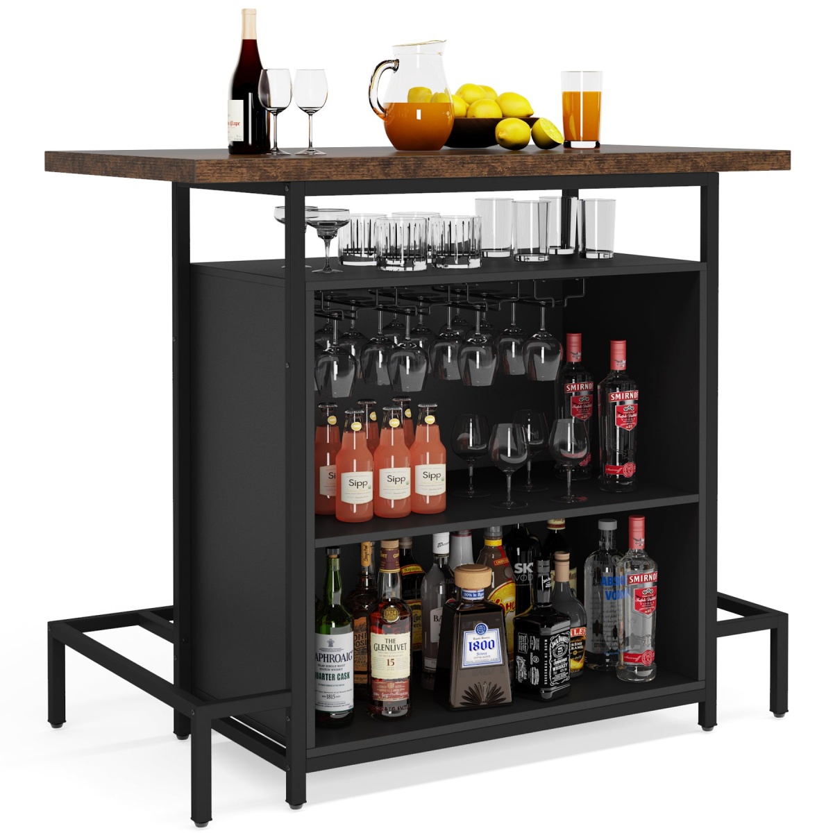 Home Bar Unit, Industrial 3-Tier Liquor Bar Table with Glasses Holder - Image 1