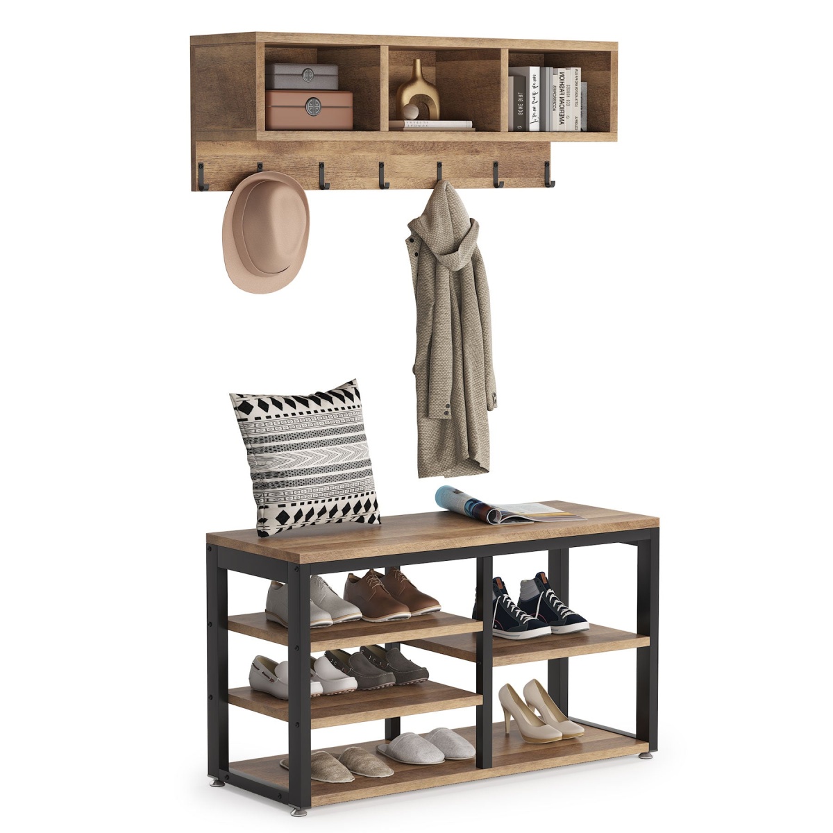 Coat Rack Shoe Bench Set, Hall Tree with Wall Mounted Shelf - Image 9