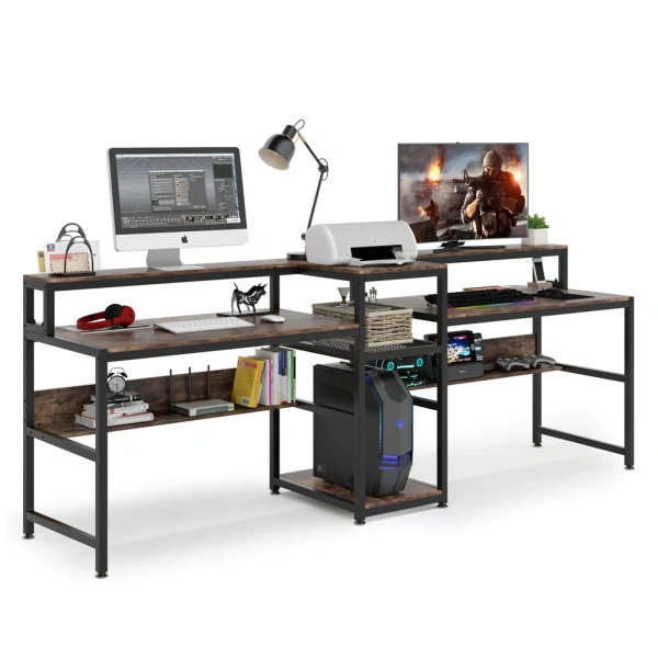 Two Person Desk, 94.5? Computer Desk with Monitor Riser