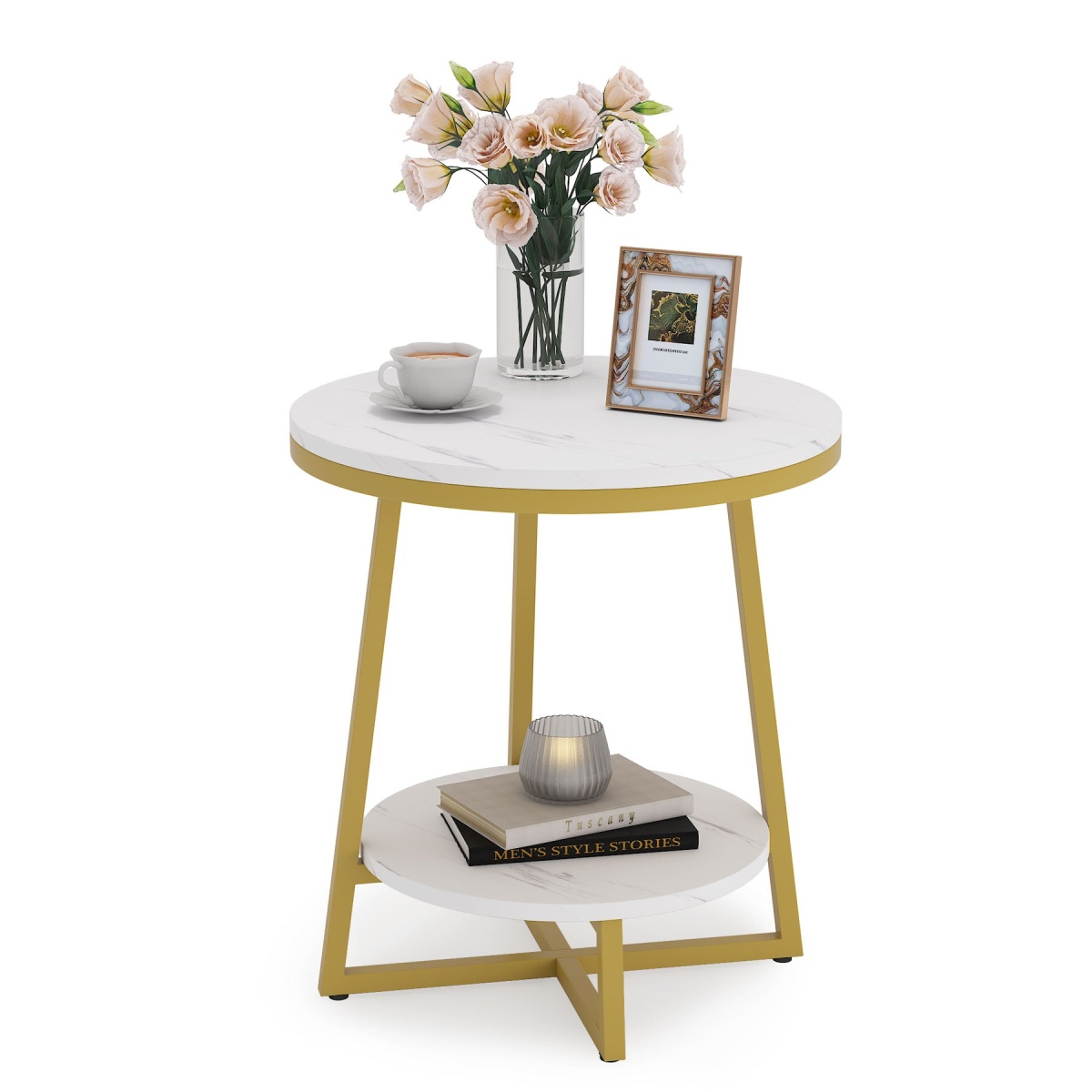 End Table, 2 Tier Round Nightstand Bedside Table - Image 1