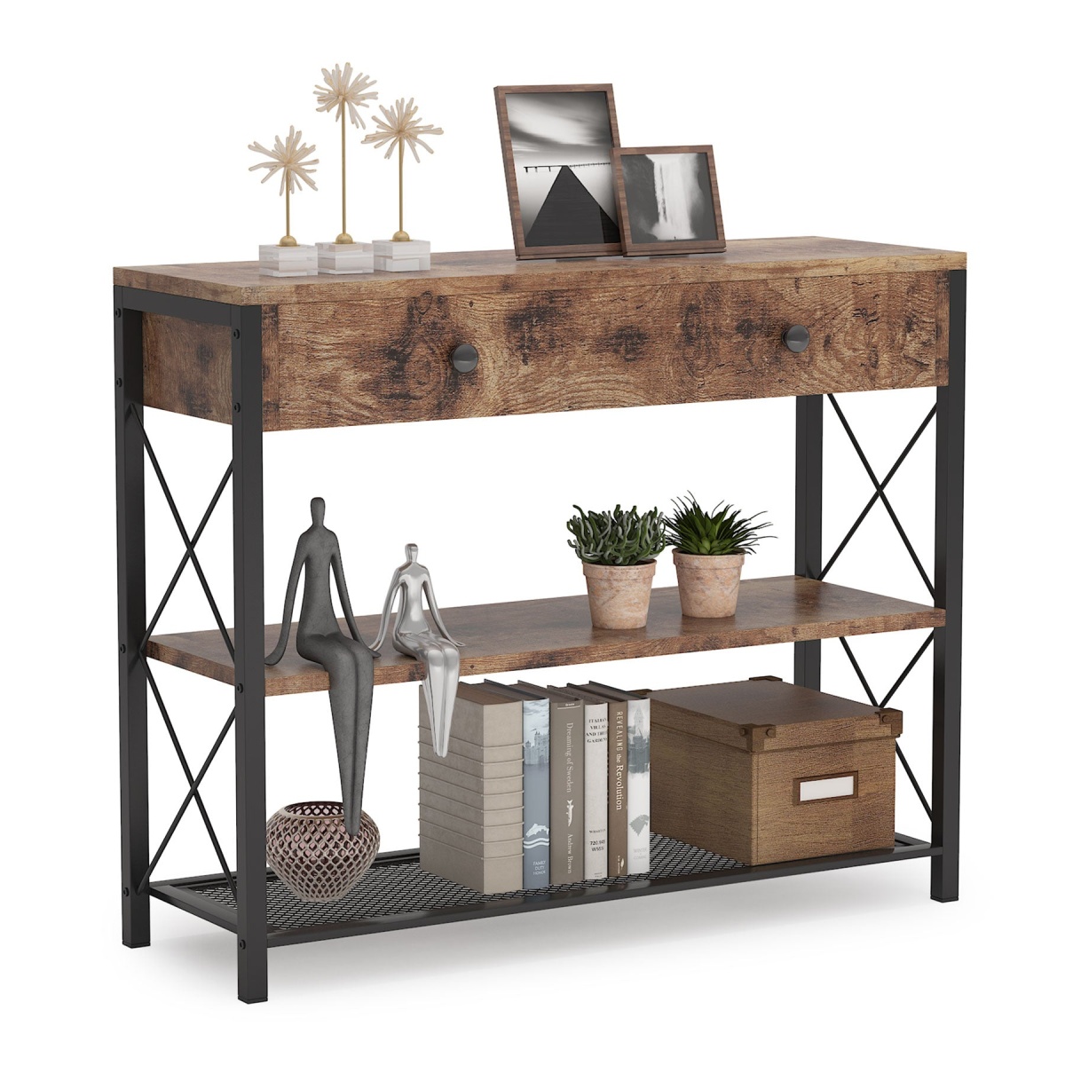 Console Table, Rustic Sofa Side Table With Drawer & 2-Tier Storage Shelves - Image 1