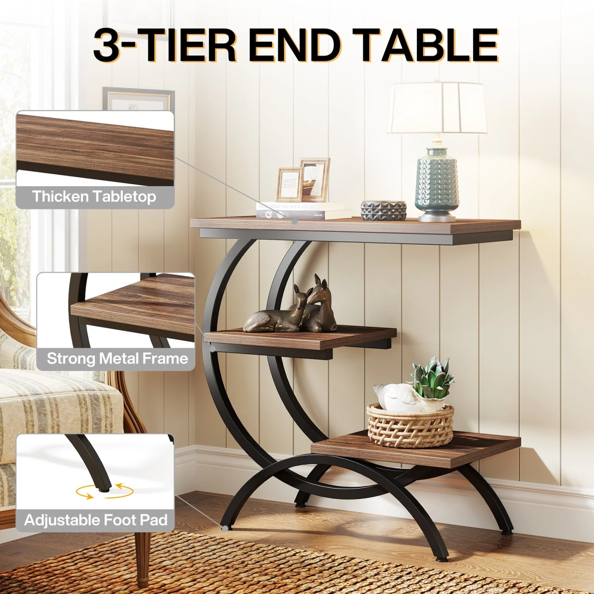 Round End Table, Industrial Side Table with Metal Hollow Frame - Image 38