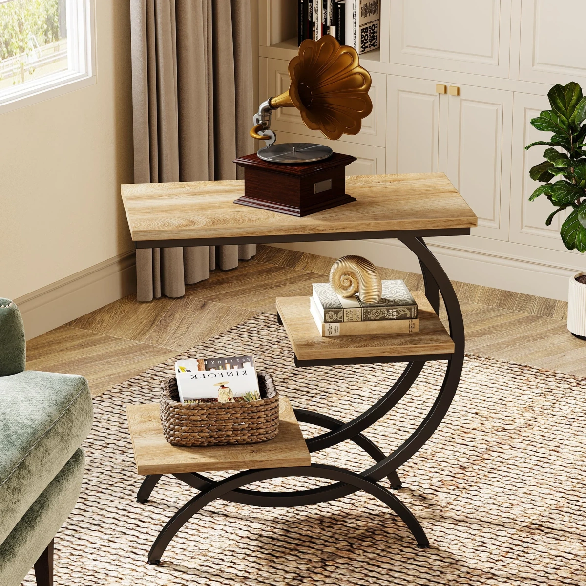 Round End Table, Industrial Side Table with Metal Hollow Frame - Image 39