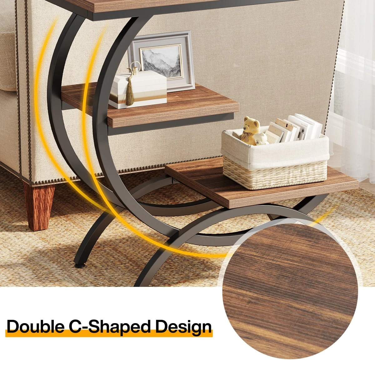 Round End Table, Industrial Side Table with Metal Hollow Frame - Image 42