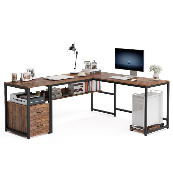 L-Shaped Desk, 70? Computer Desk with Bookcase and Cabinet