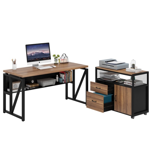 L-Shaped Desk Set, 55? Executive Desk and 32? File Cabinet