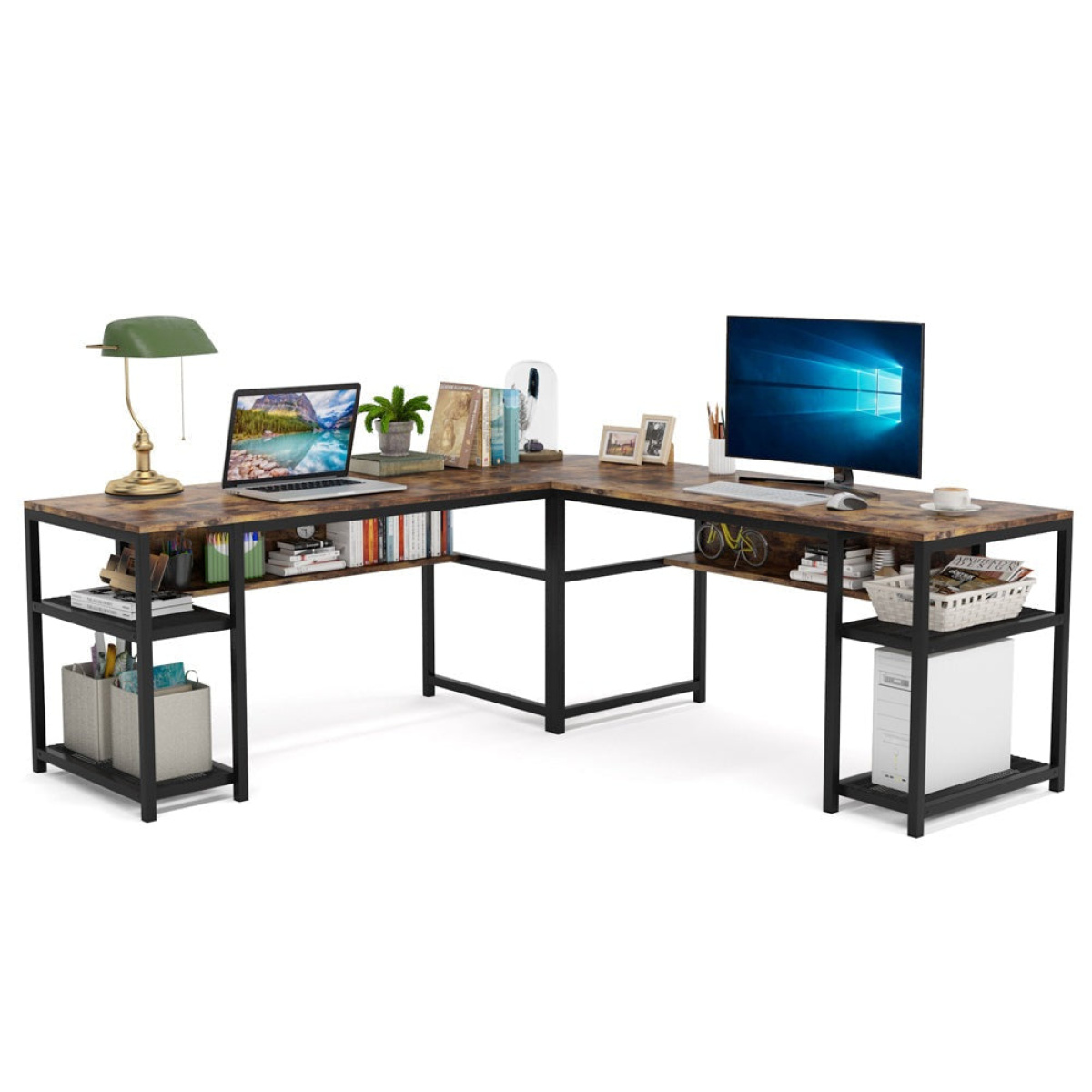 L-Shaped Desk, 70 Inch Computer Desk with Bookcase - Image 1
